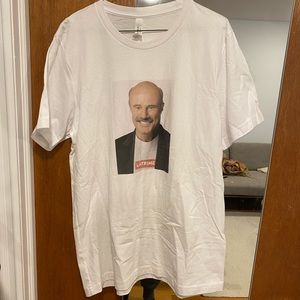 Bella and Canvas white tee led Dr. Phil box logo tee